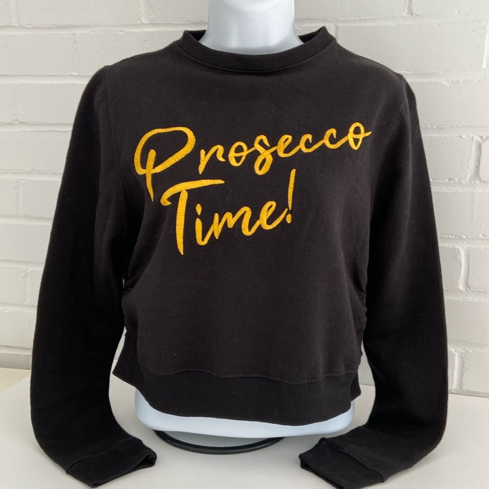 Womens “Prosecco Time” Long-Sleeve Black Pullover Sweatshirt Size S